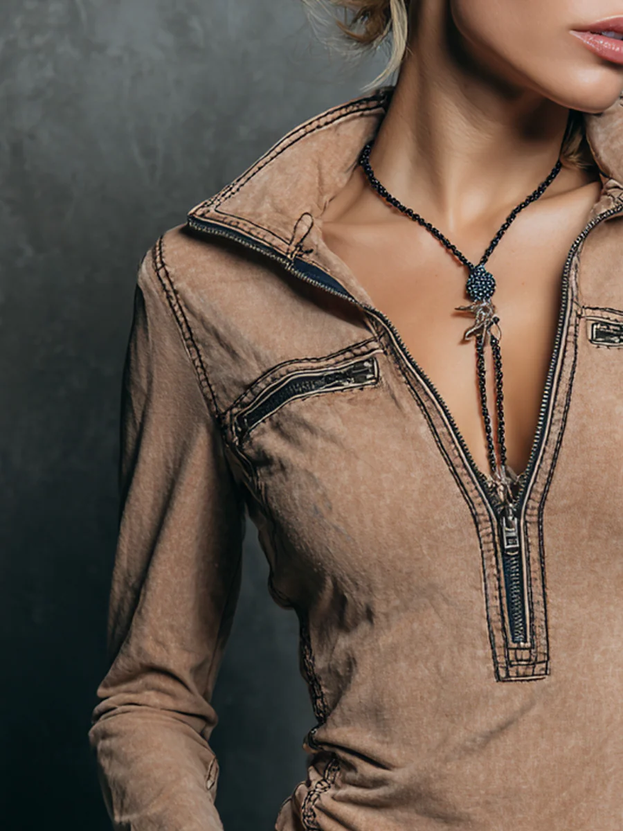 Retro Half Zip Collar Pocket Blouse - Image 2