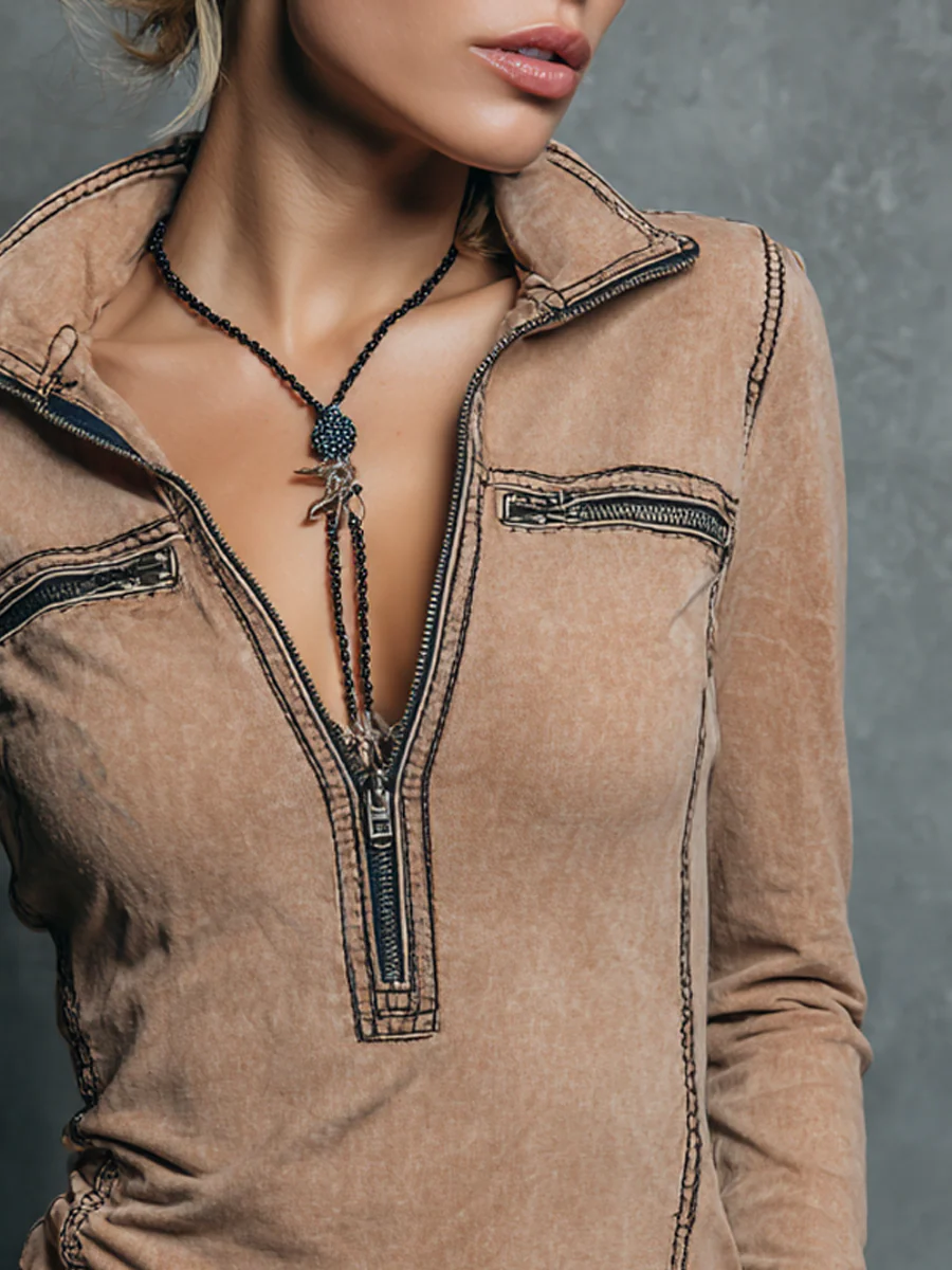 Retro Half Zip Collar Pocket Blouse - Image 3