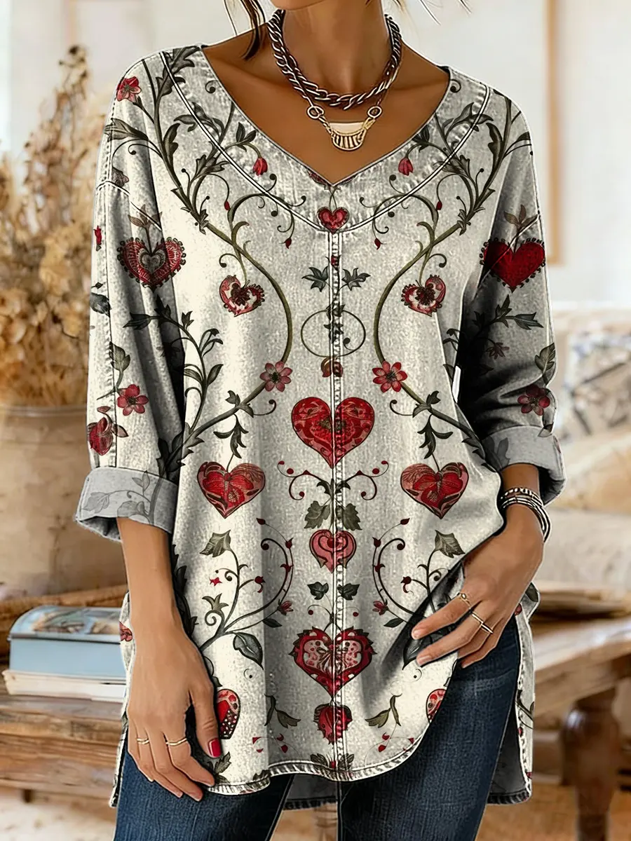 Retro Heart Pattern Art Print Casual Washed Denim Cotton Top