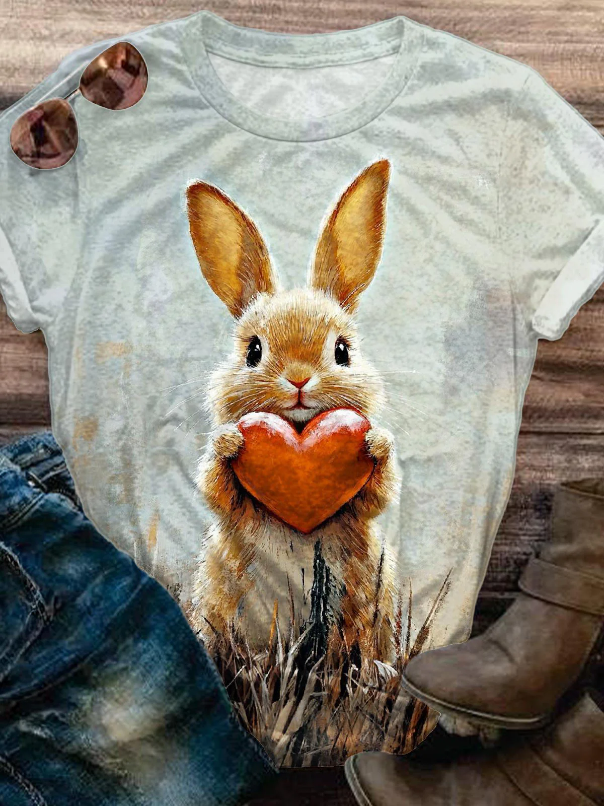 Retro Heartwarming Rabbit Crew Neck T-shirt