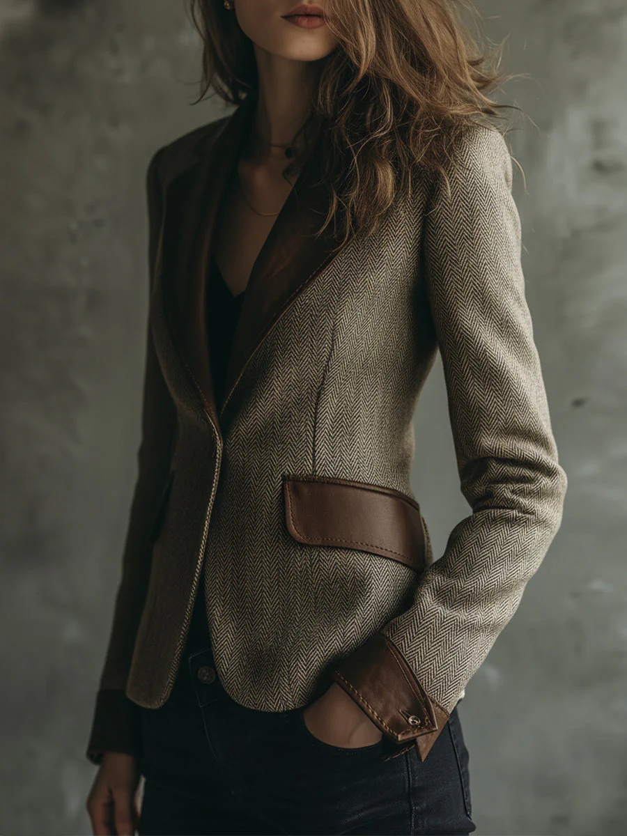 Retro Herringbone Wool PU Patchwork Lapel Blazer - Image 2