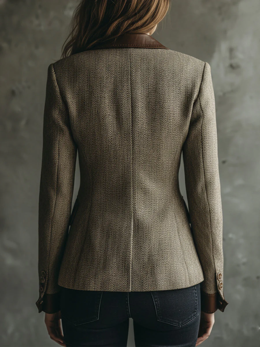 Retro Herringbone Wool PU Patchwork Lapel Blazer - Image 3