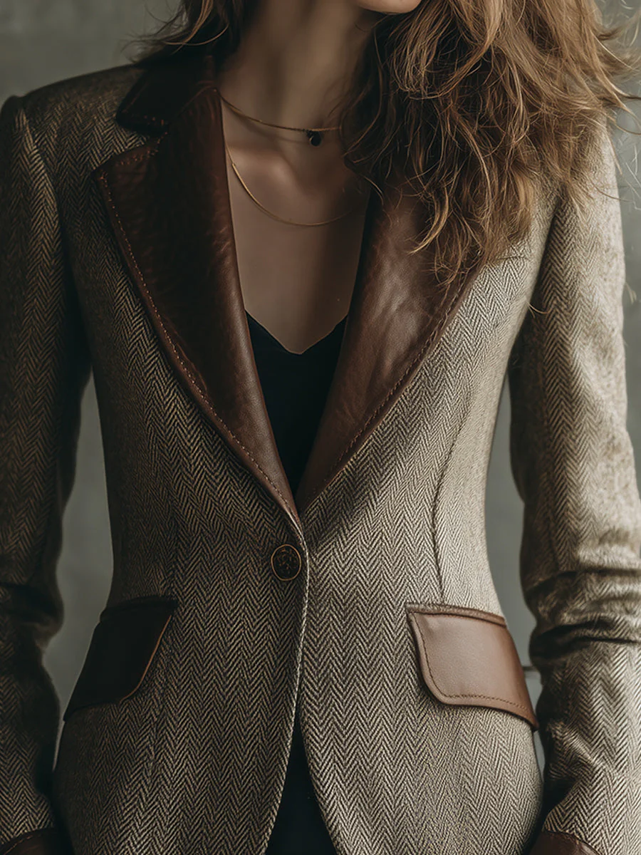 Retro Herringbone Wool PU Patchwork Lapel Blazer - Image 4