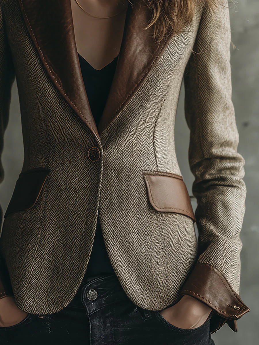 Retro Herringbone Wool PU Patchwork Lapel Blazer - Image 5