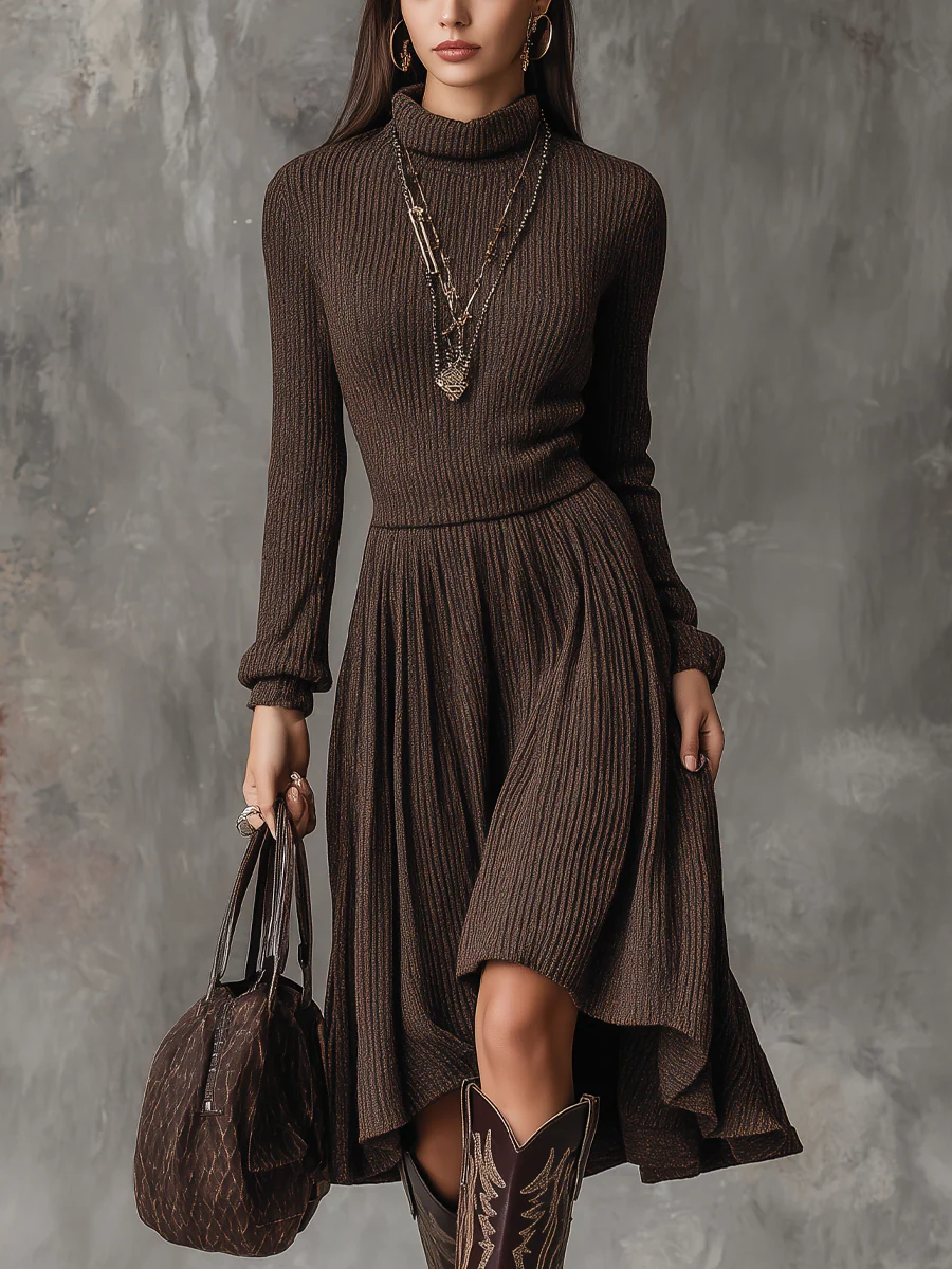 Retro High-neck Long-sleeved Ribbed Knitted Midi Dress