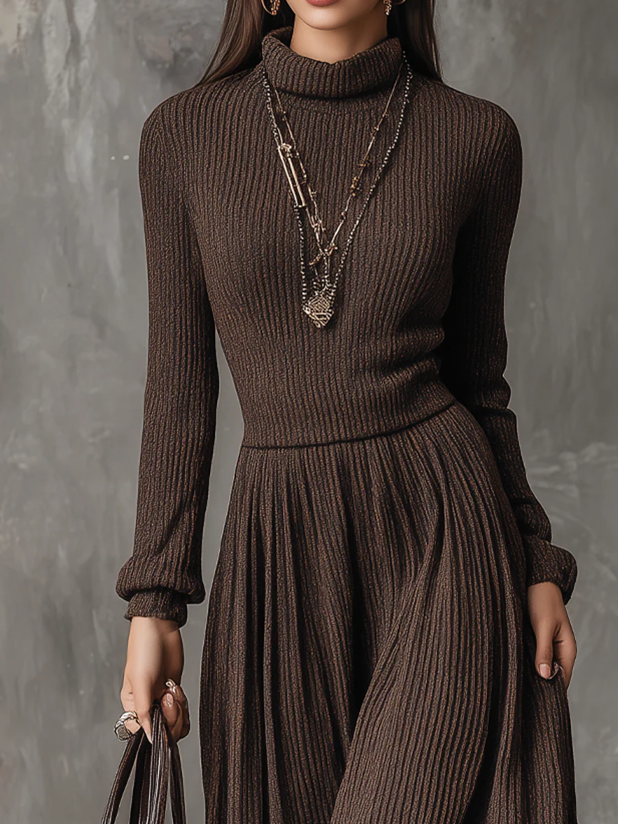Retro High-neck Long-sleeved Ribbed Knitted Midi Dress - Image 2