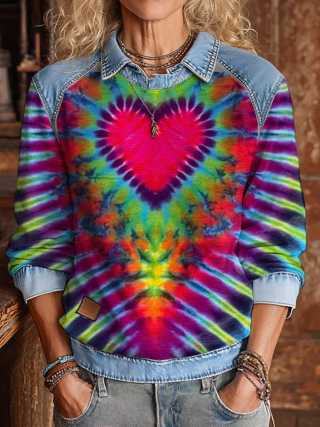 Retro Hippie Tie-dye Heart Art Print Patchwork Casual Cotton Sweatshirt