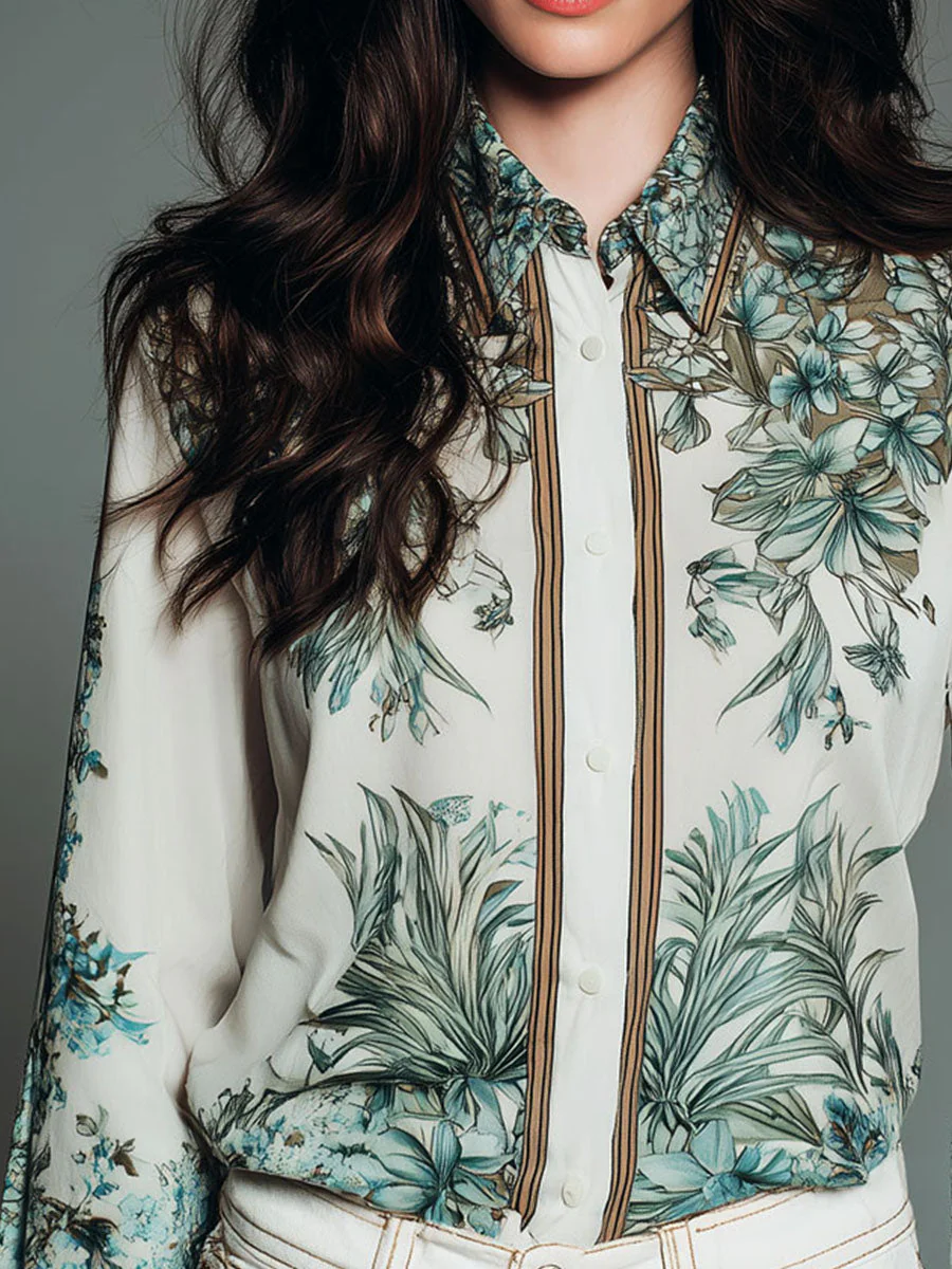 Retro Ivory Botanical Print Button-Down Blouse - Image 2