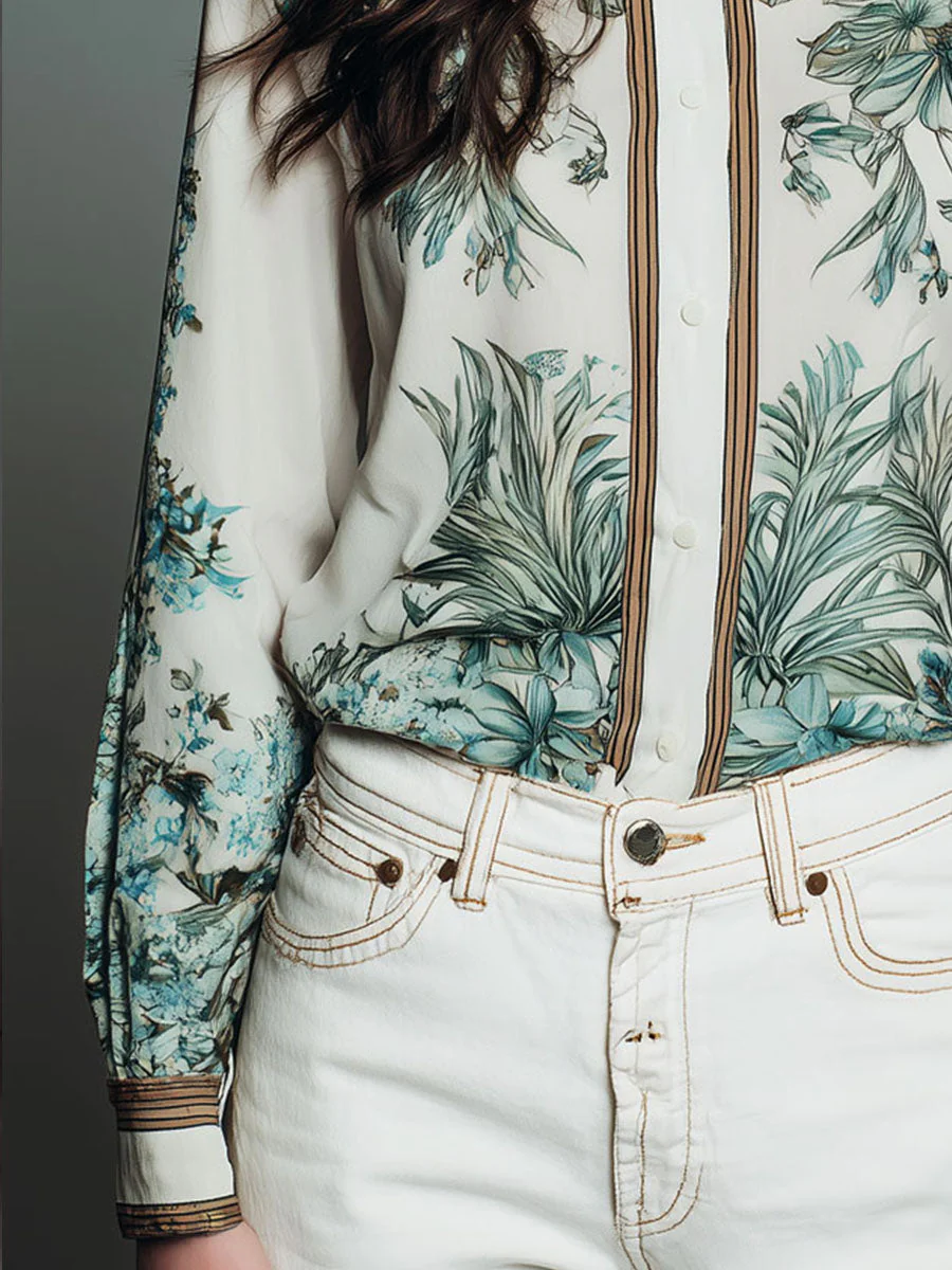 Retro Ivory Botanical Print Button-Down Blouse - Image 3