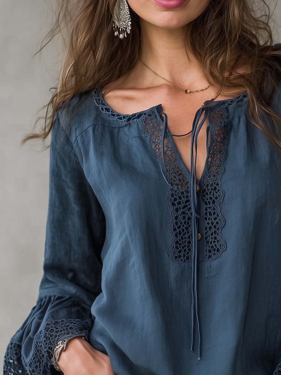Retro Lace Collar Cotton Linen Blouse - Image 2