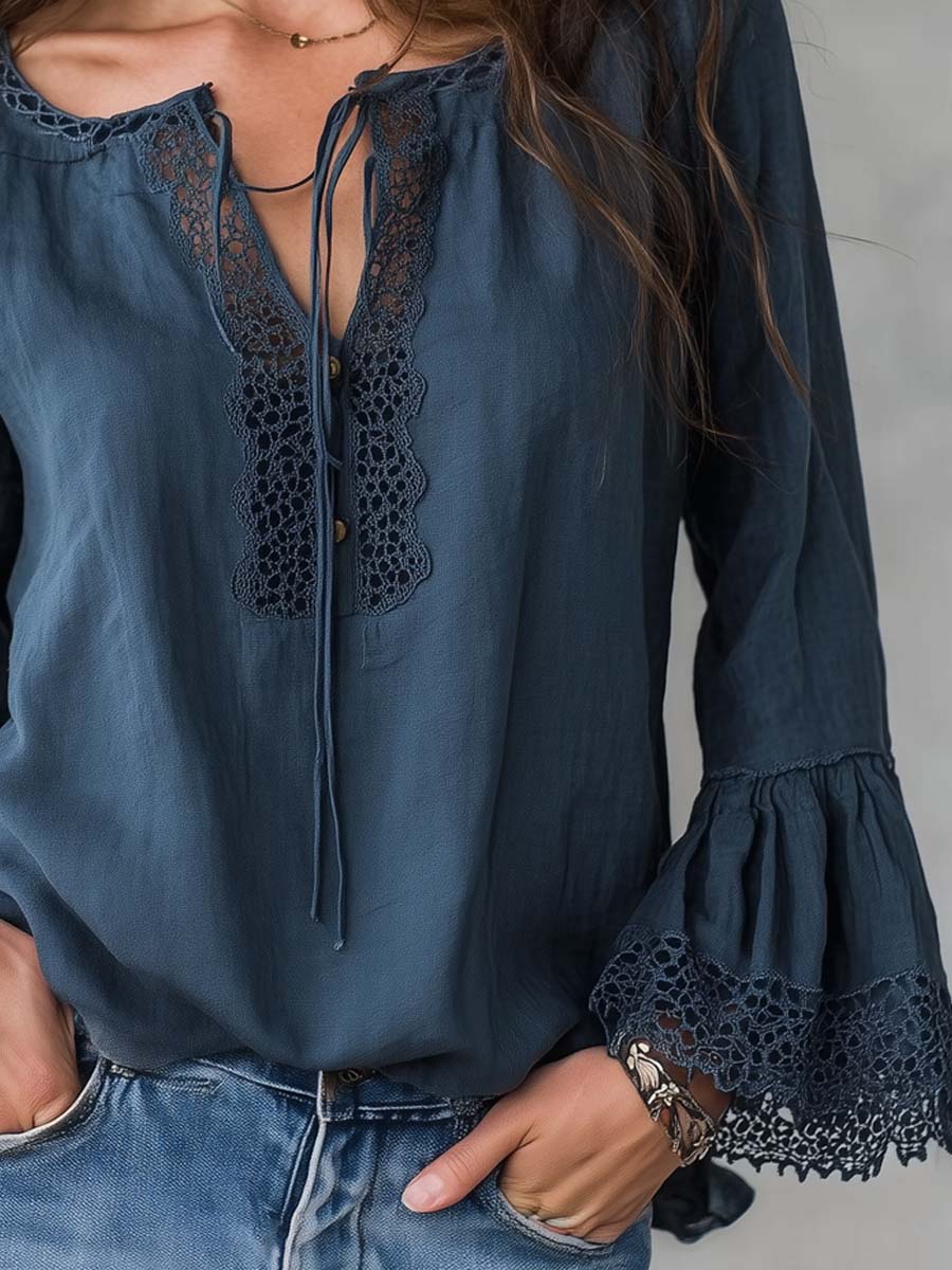 Retro Lace Collar Cotton Linen Blouse - Image 3