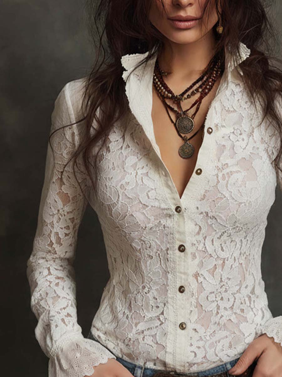 Retro Lace Ruffled Cuff Long-sleeved Blouse - Image 2