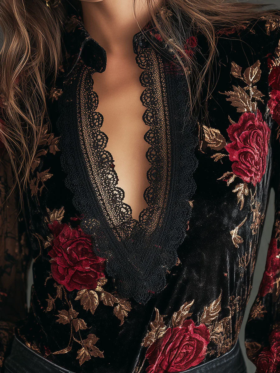 Retro Lace Stitching Velvet Rose Print Lantern Sleeves Blouse - Image 2