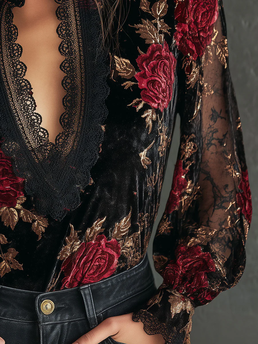 Retro Lace Stitching Velvet Rose Print Lantern Sleeves Blouse - Image 3