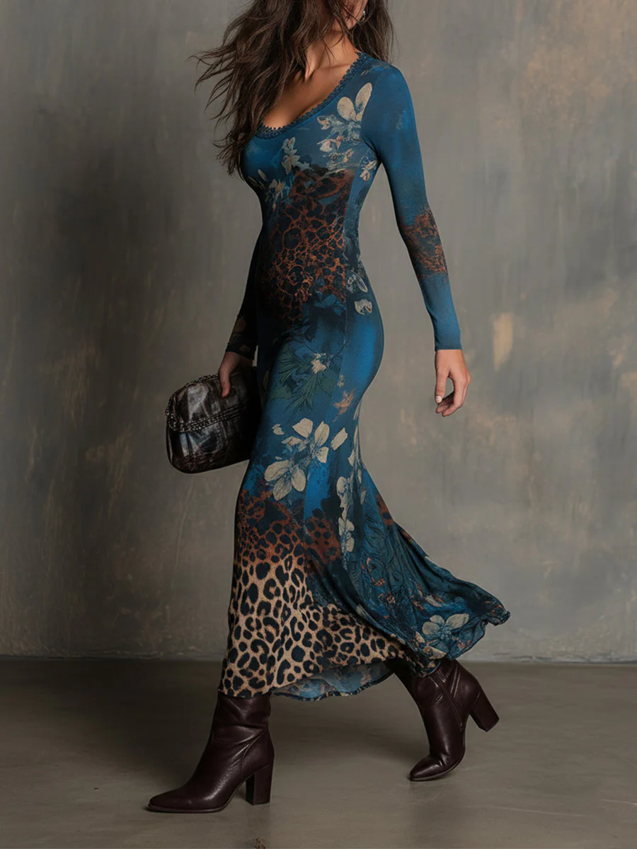 Retro Lace U-neck Printed Stretch Knit Slim Fit Fishtail Midi Dress - Image 2