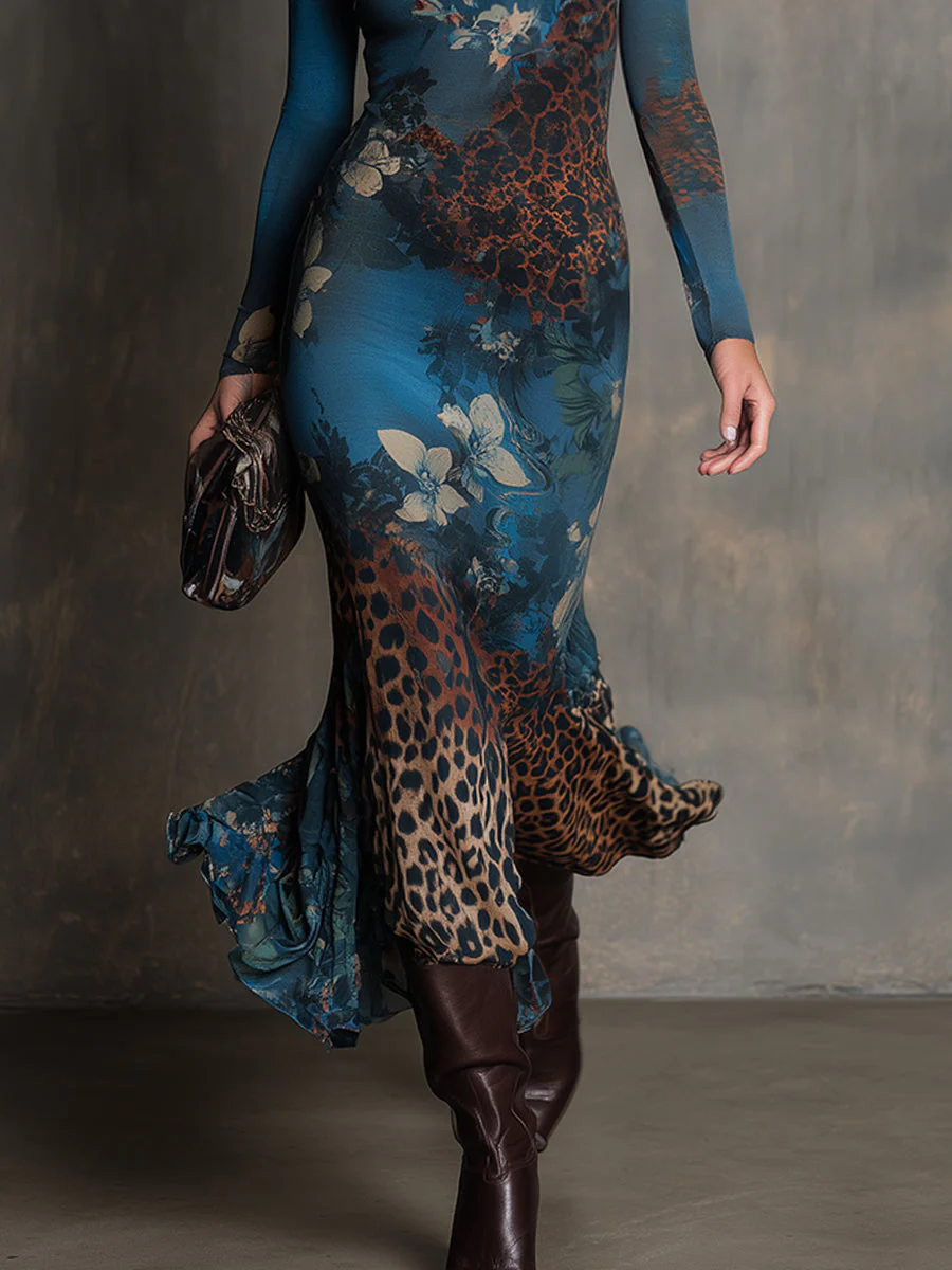 Retro Lace U-neck Printed Stretch Knit Slim Fit Fishtail Midi Dress - Image 5