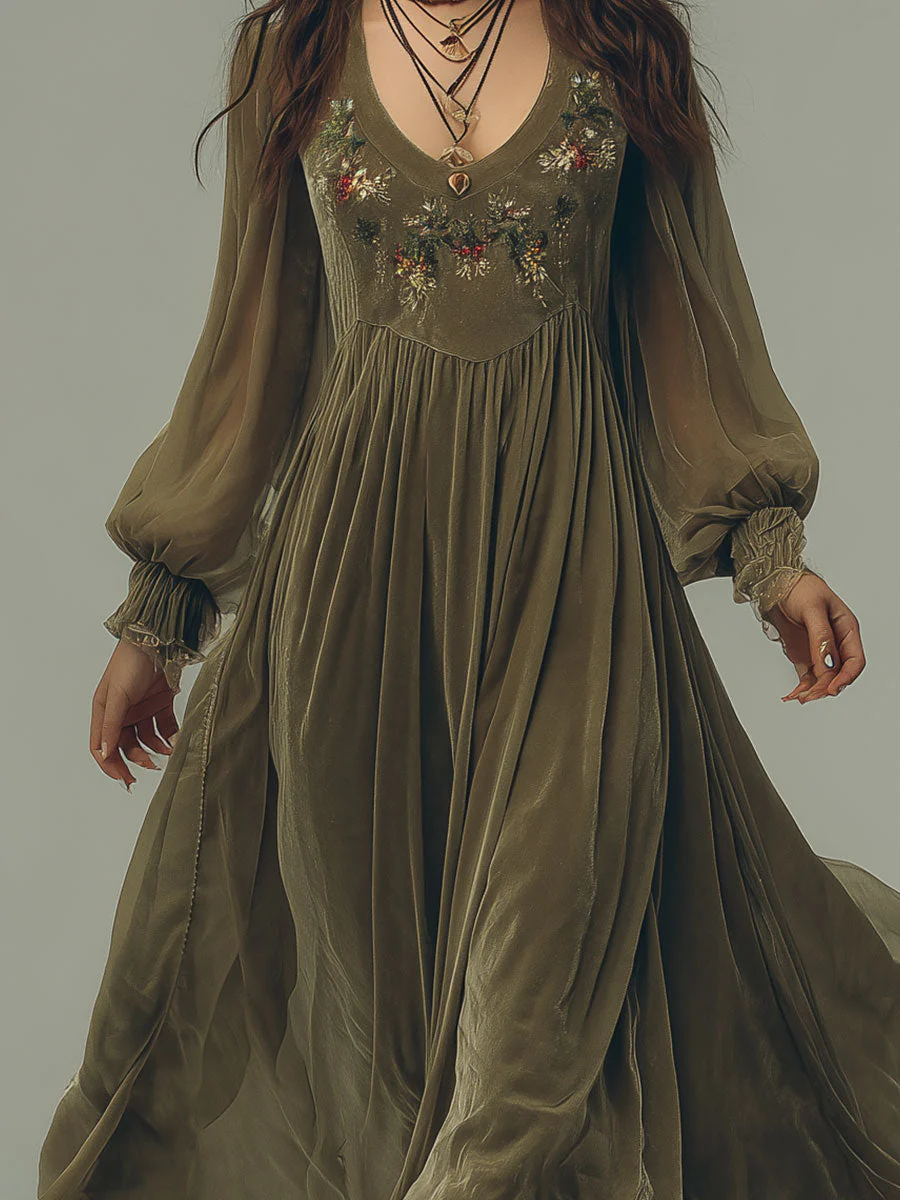 Retro Lantern Sleeve Embroidered Chiffon Maxi Dress - Image 2