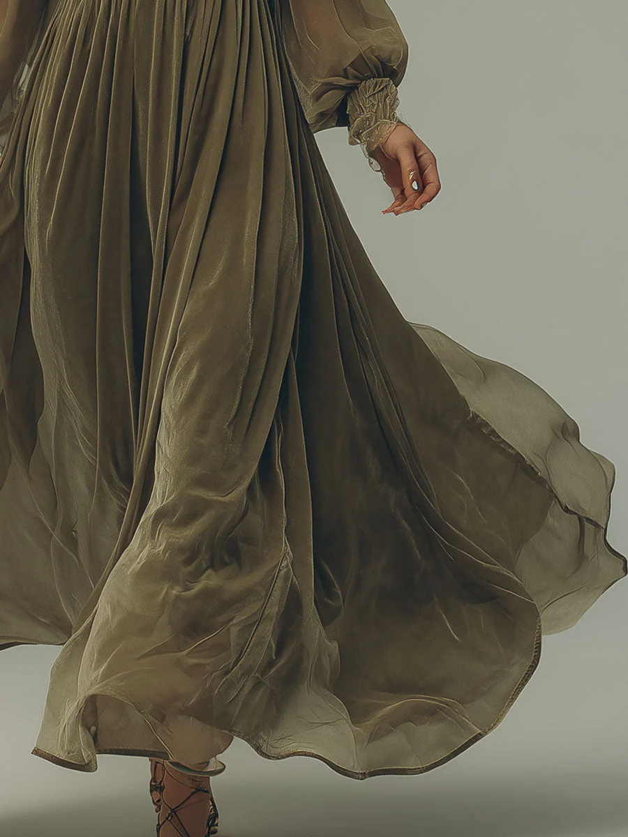 Retro Lantern Sleeve Embroidered Chiffon Maxi Dress - Image 3