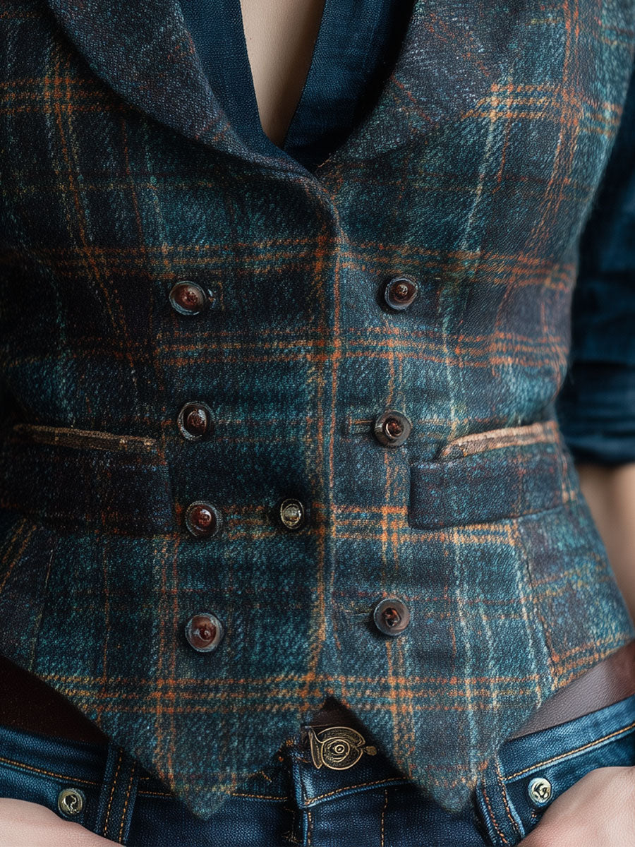 Retro Lapel Plaid Wool Vest - Image 2