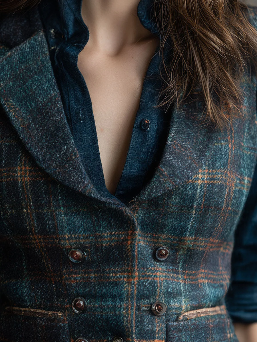 Retro Lapel Plaid Wool Vest - Image 3