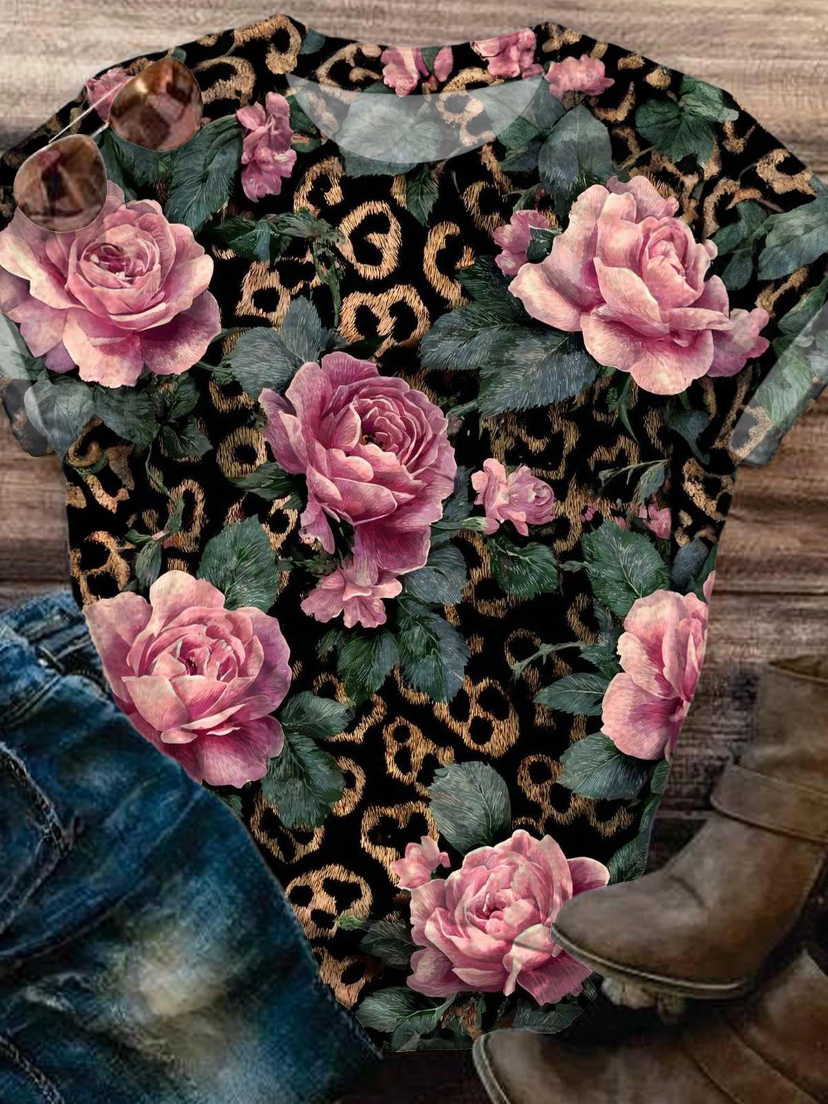 Retro Leopard Flower Crew Neck T-shirt