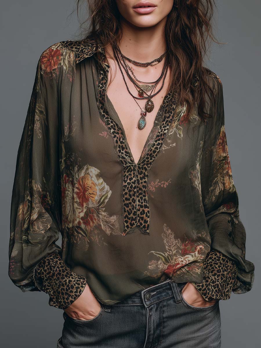 Retro Leopard Print Floral Chiffon Blouse