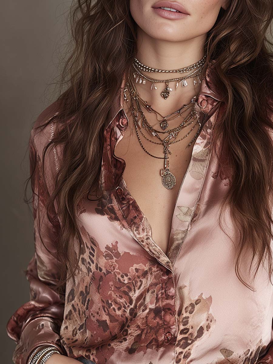 Retro Leopard Print Floral Satin Blouse - Image 2