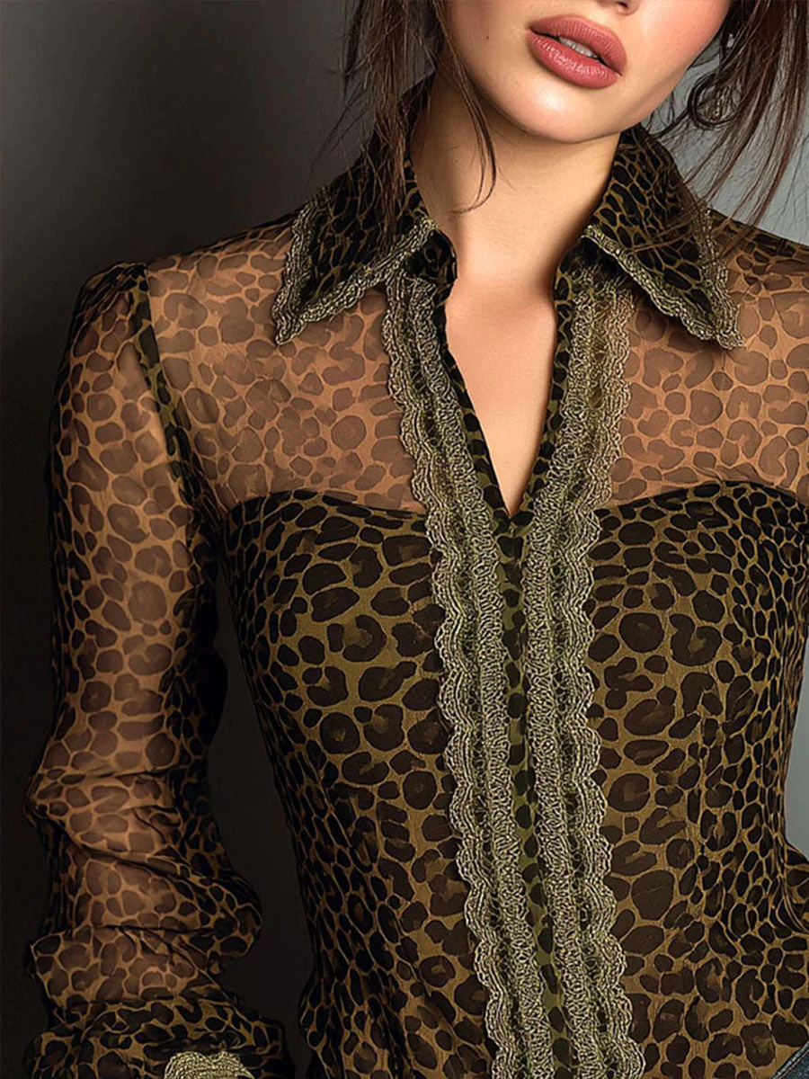 Retro Leopard Print Patchwork Lace Long Sleeve Sheer Shirt - Image 2