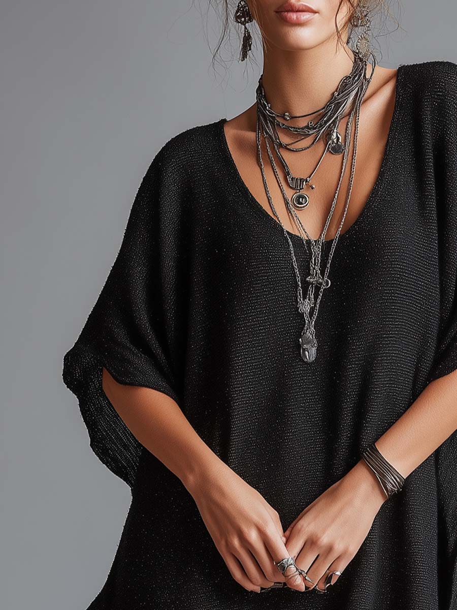 Retro Loose-fitting Batwing Sleeve Sparkly Knit Mini Dress - Image 2