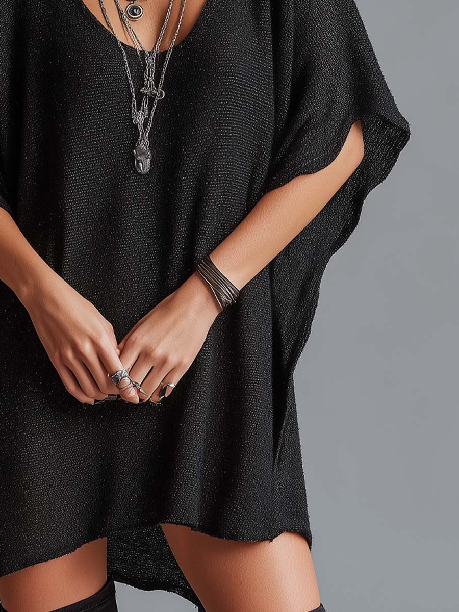 Retro Loose-fitting Batwing Sleeve Sparkly Knit Mini Dress - Image 3