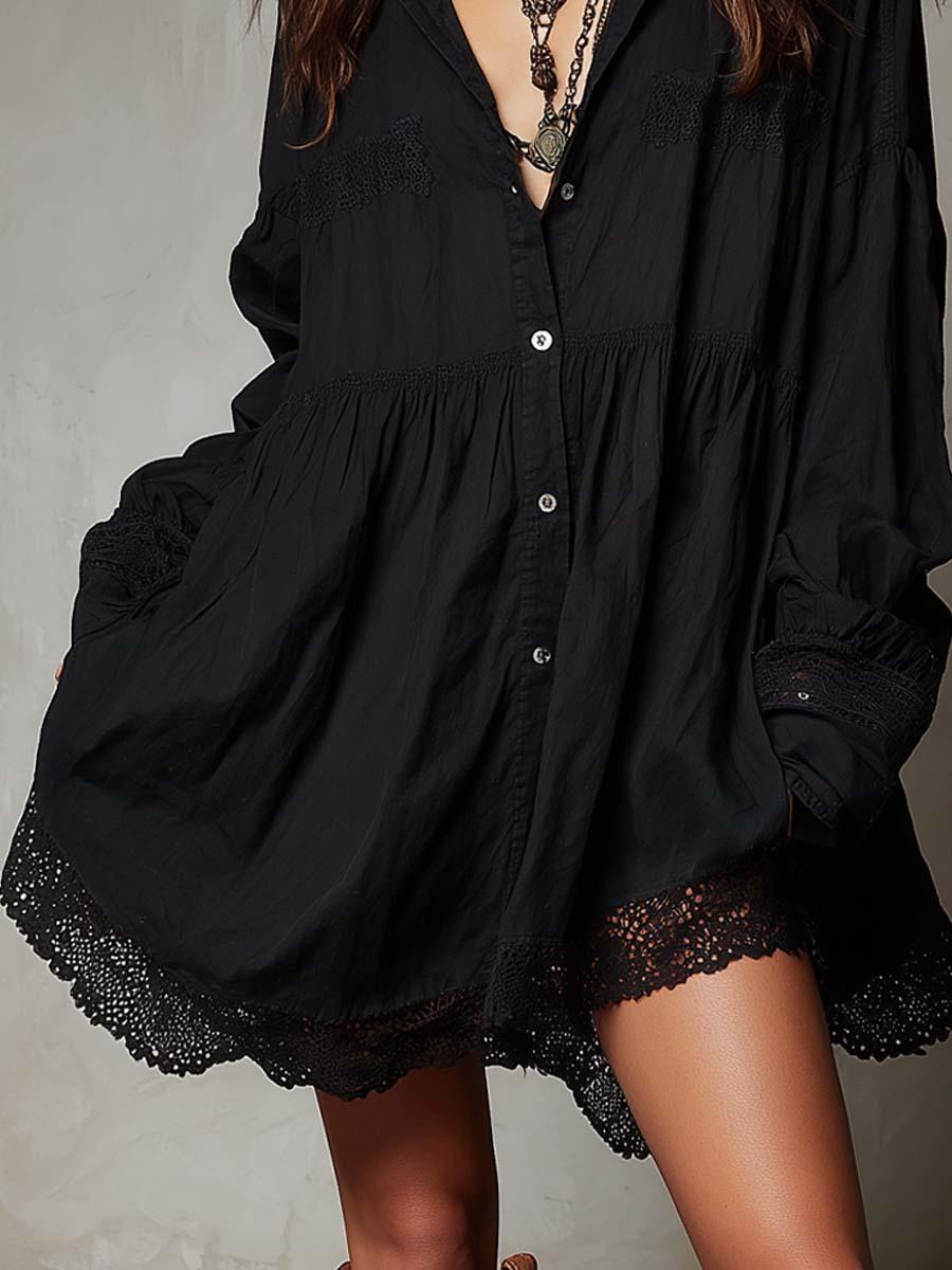 Retro Loose-fitting Lace Details Mini Dress - Image 3