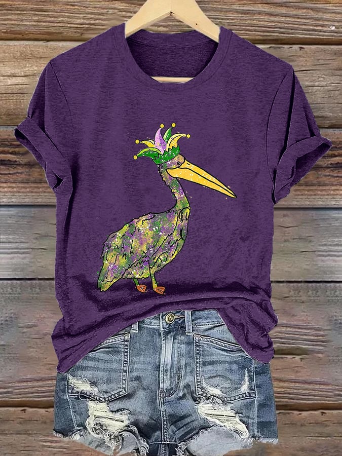 Retro Mardi Gras Pelican Crown Purple Green And Gold Print T-Shirt