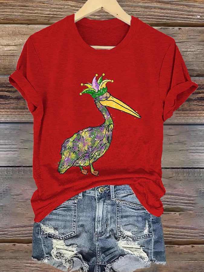 Retro Mardi Gras Pelican Crown Purple Green And Gold Print T-Shirt - Image 10