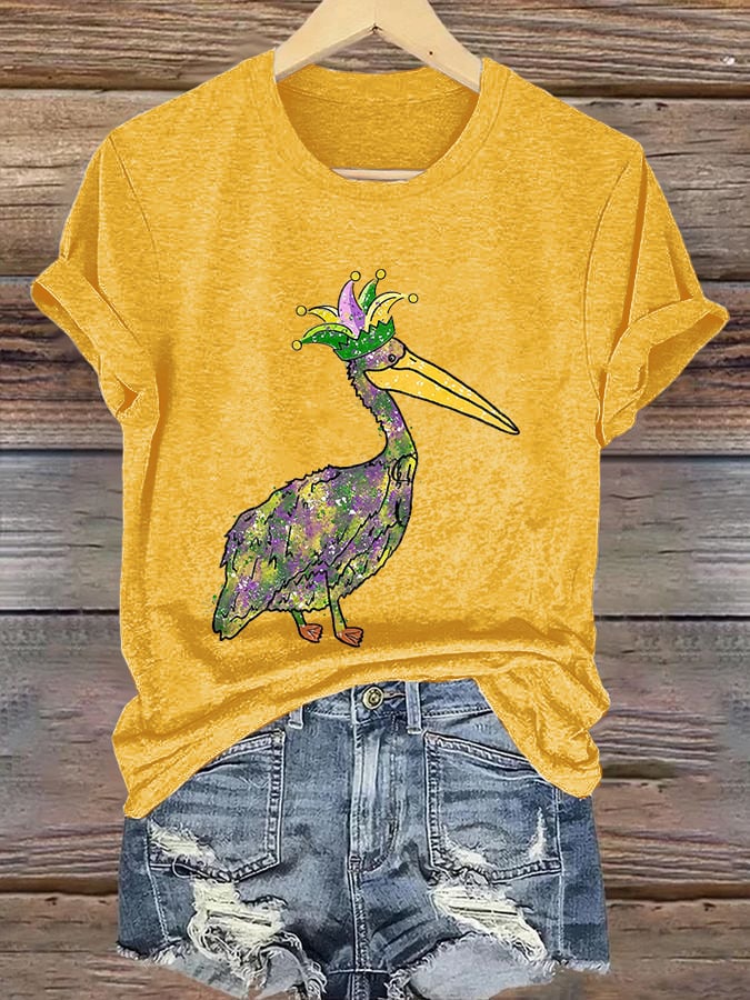 Retro Mardi Gras Pelican Crown Purple Green And Gold Print T-Shirt - Image 3