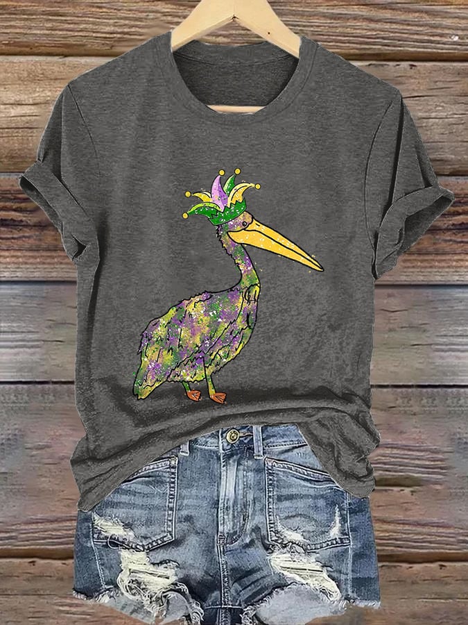 Retro Mardi Gras Pelican Crown Purple Green And Gold Print T-Shirt - Image 6