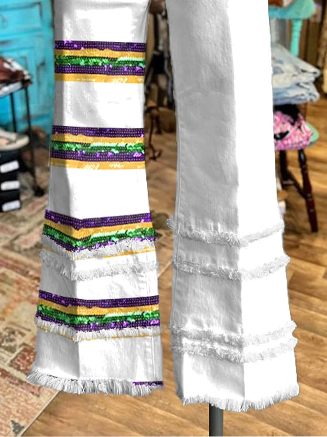 Retro Mardi Gras Purple Green And Gold Stripe Tassel Bell-Bottom - Image 2