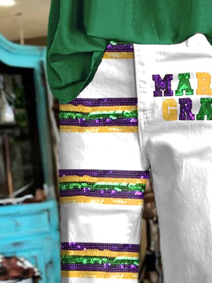 Retro Mardi Gras Purple Green And Gold Stripe Tassel Bell-Bottom - Image 3