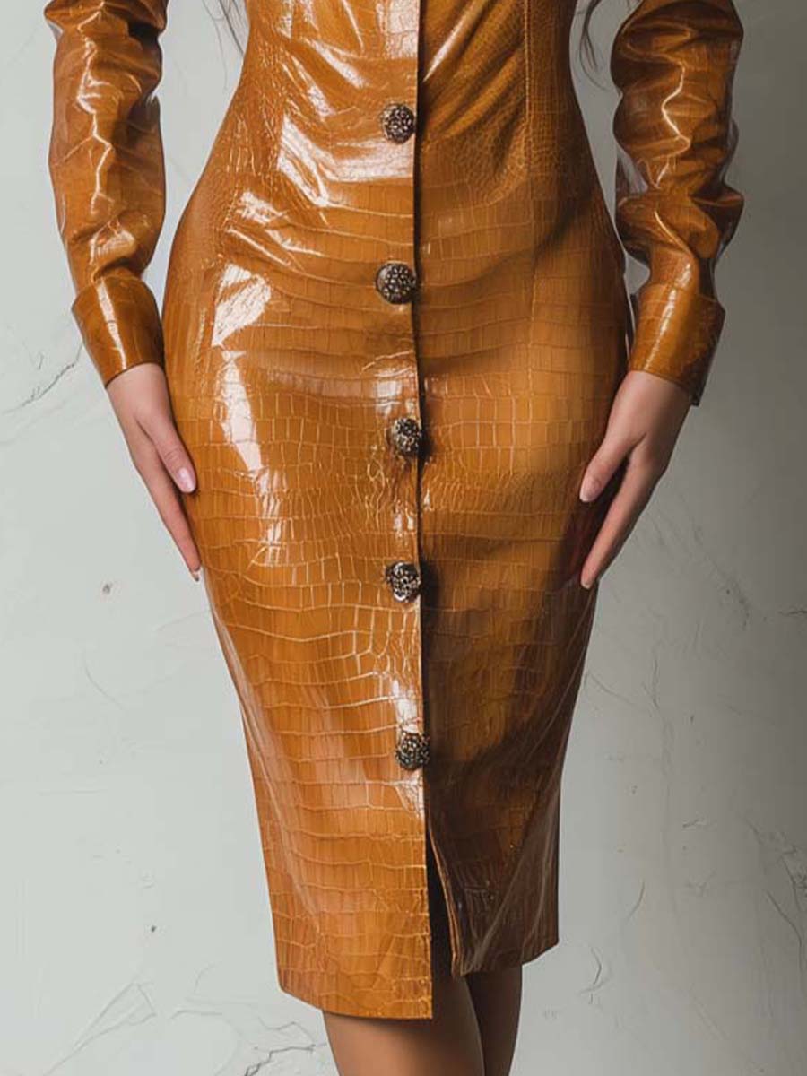 Retro Modern Caramel Eco-Croco Embossed Leather Shirt Dress - Image 3