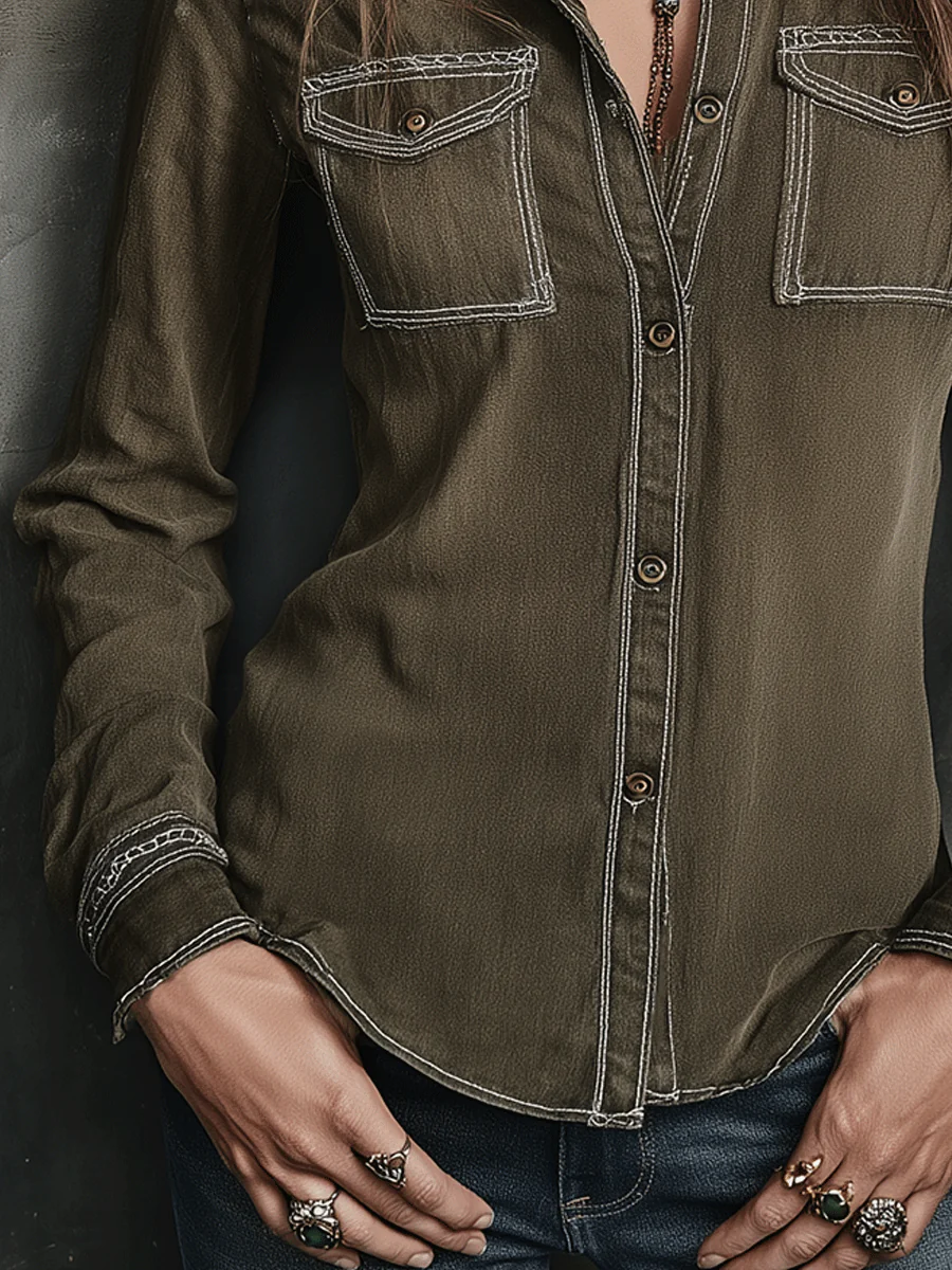 Retro Olive Green Rustic Bohemian Classic Shirt - Image 3