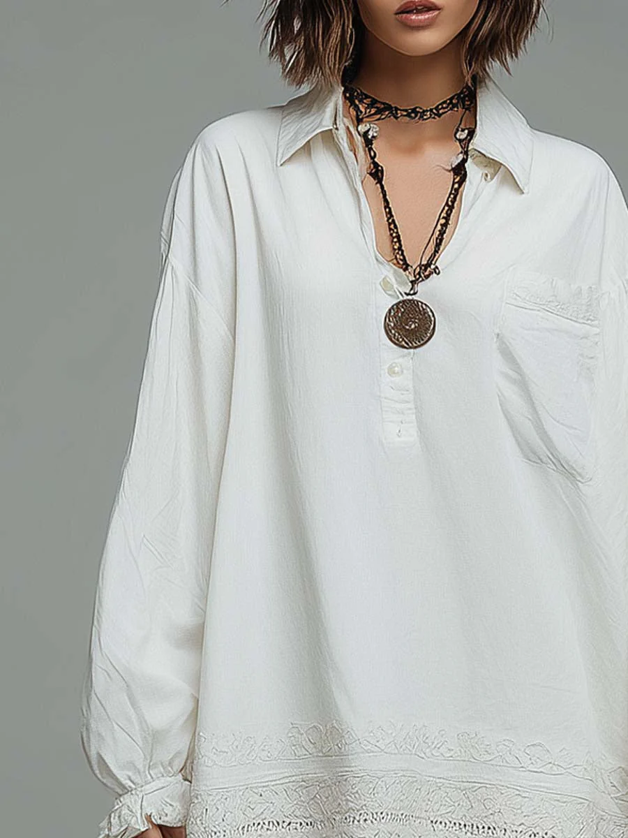 Retro Oversized Shirt Wide Lace Hem Mini Dress - Image 2