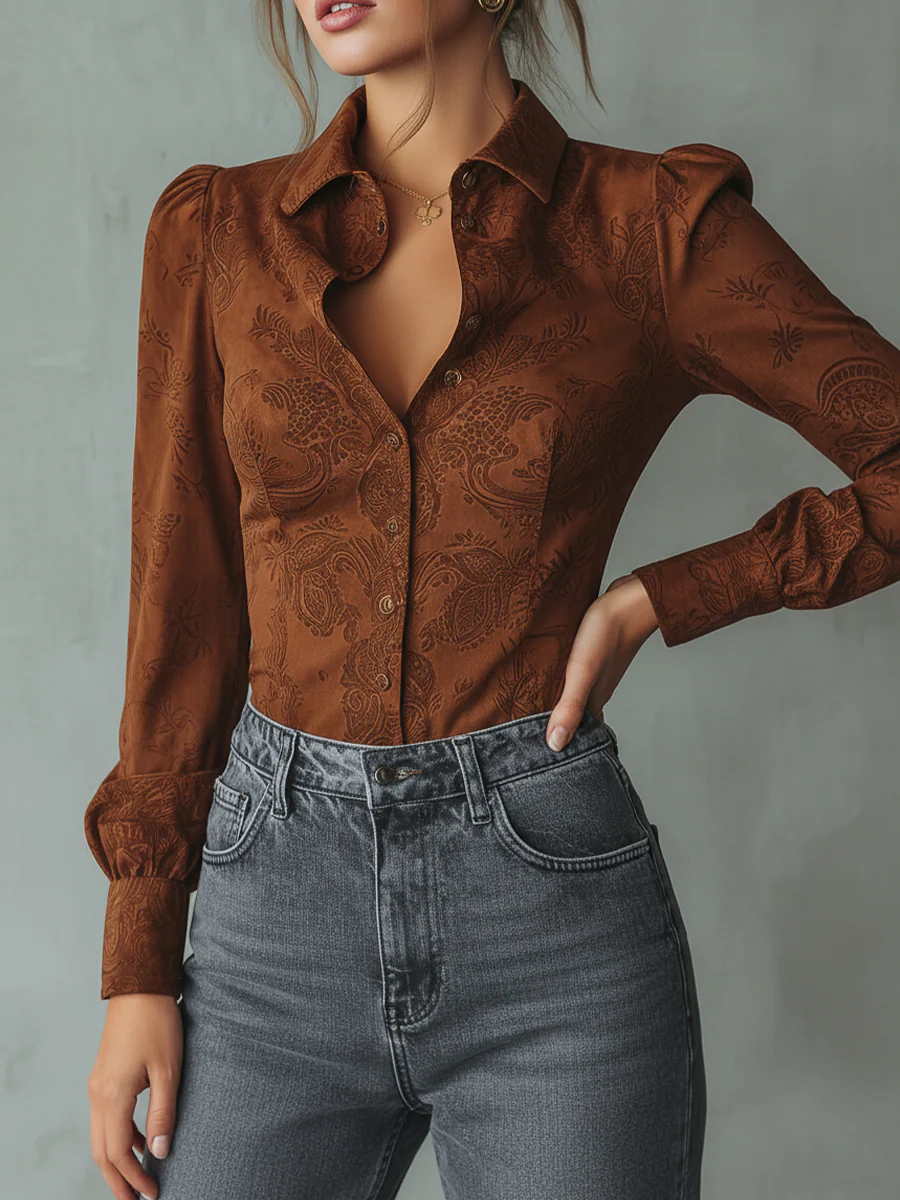 Retro Paisley Eco-friendly Suede Long-sleeved Blouse - Image 2