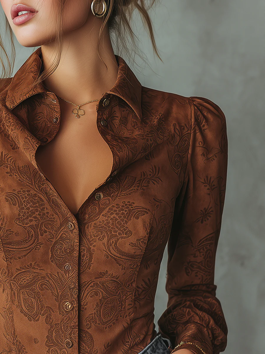 Retro Paisley Eco-friendly Suede Long-sleeved Blouse - Image 4