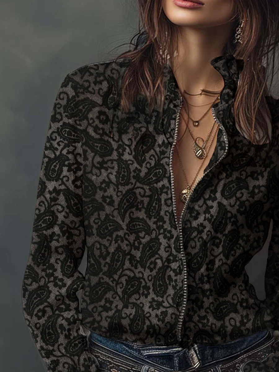 Retro Paisley Flocked Knitted Zipper Blouse - Image 2