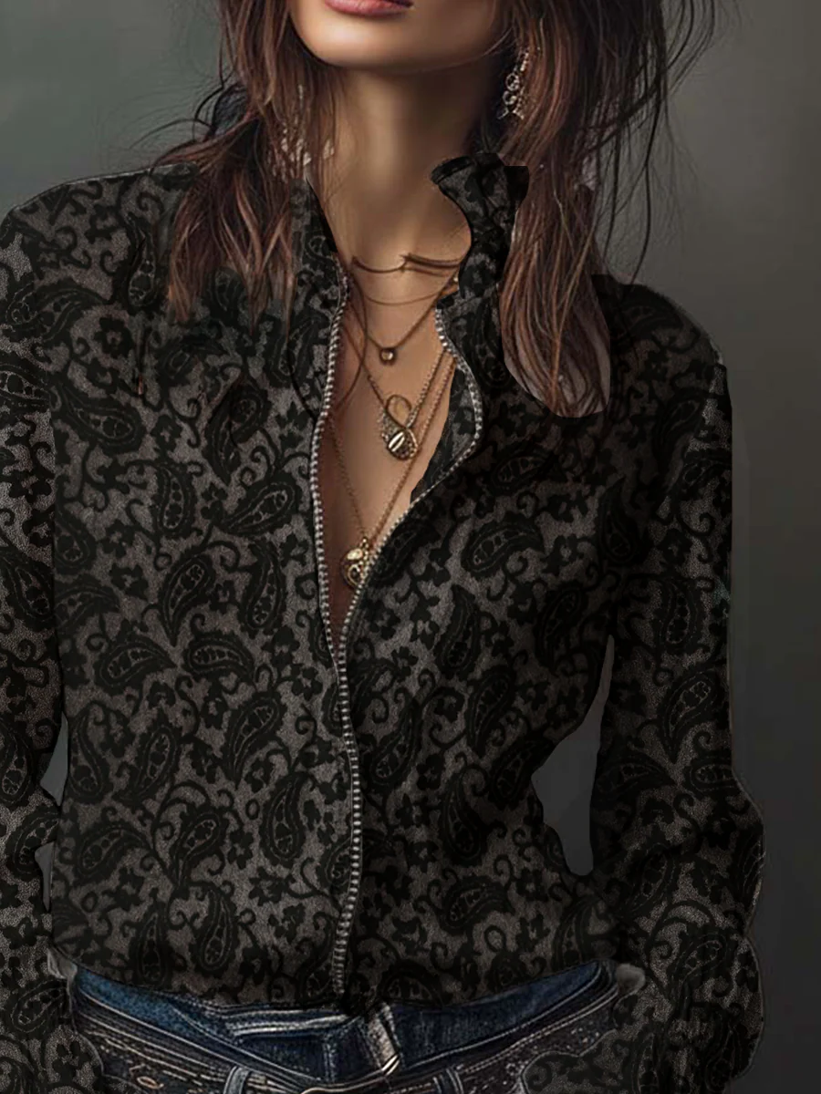 Retro Paisley Flocked Knitted Zipper Blouse - Image 3