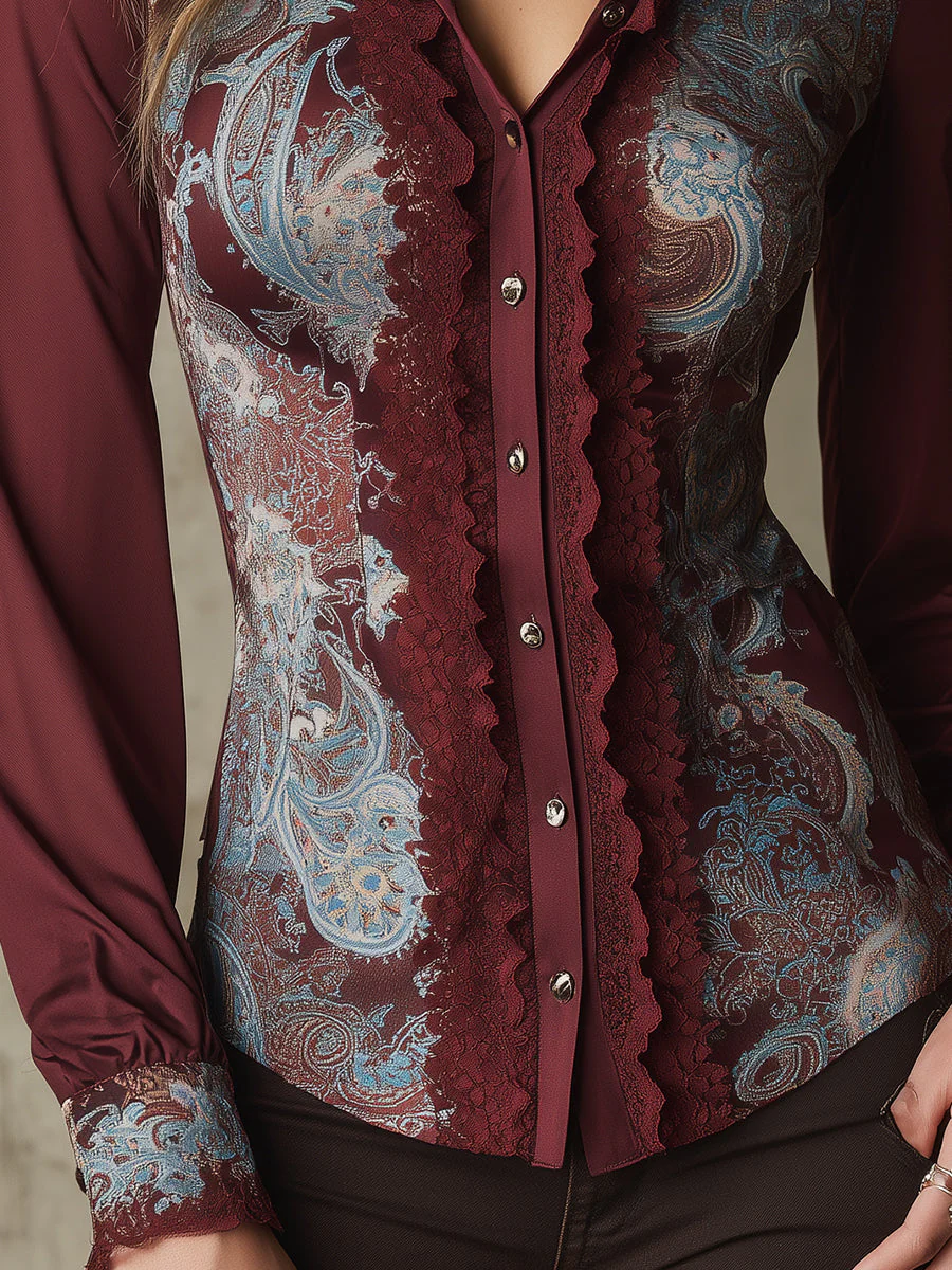 Retro Paisley Pattern Satin Lace Stitching Slim Fit Blouse - Image 3