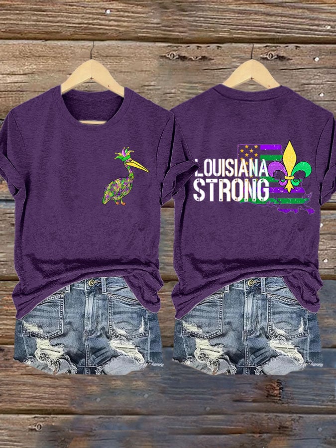 Retro Pelican Crown & Louisiana Strong Fleur-de-lis Print T-Shirt