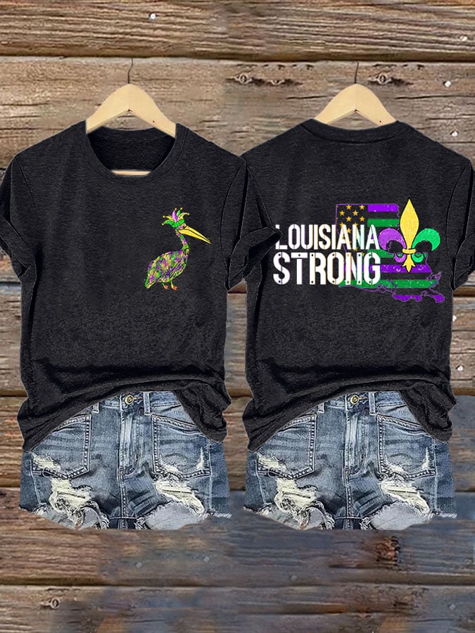 Retro Pelican Crown & Louisiana Strong Fleur-de-lis Print T-Shirt - Image 2