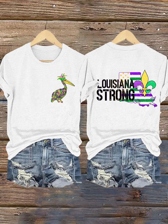 Retro Pelican Crown & Louisiana Strong Fleur-de-lis Print T-Shirt - Image 3