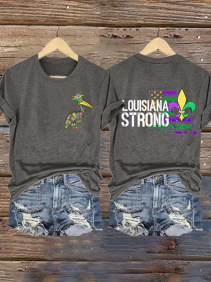 Retro Pelican Crown & Louisiana Strong Fleur-de-lis Print T-Shirt - Image 4