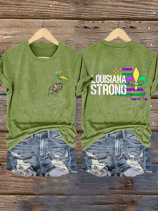 Retro Pelican Crown & Louisiana Strong Fleur-de-lis Print T-Shirt - Image 5